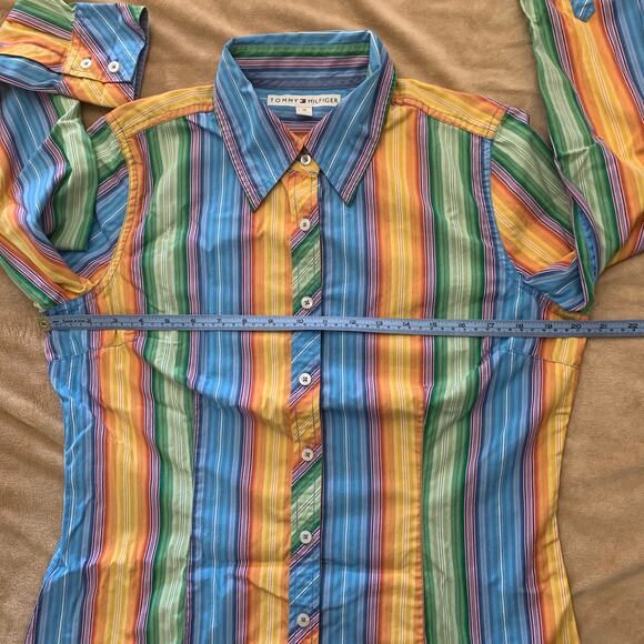 Tommy Hilfiger Shirt Size S or M Rainbow Stripe Cotton Button Collar Y2k 2004 - Picture 7 of 11